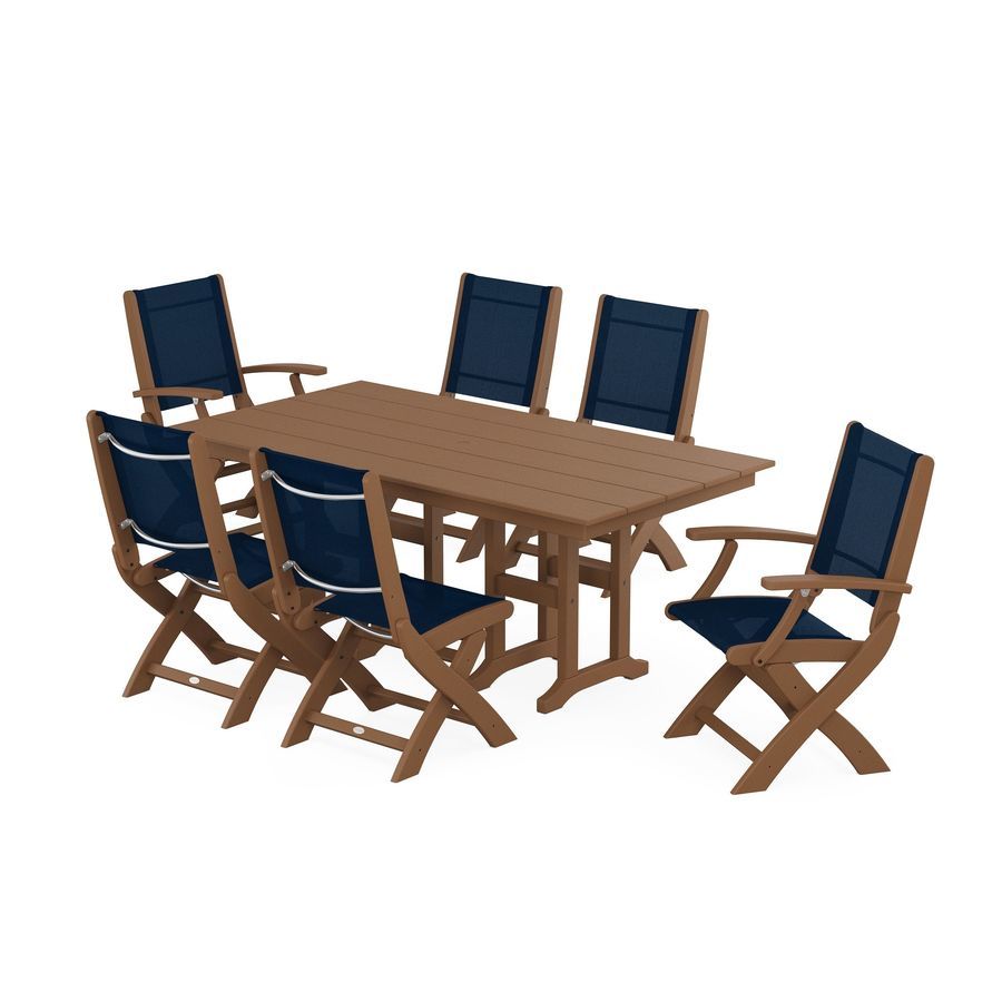 POLYWOOD Coastal Folding Chair 7-Piece Farmhouse Dining Set in Teak / Navy Blue Sling