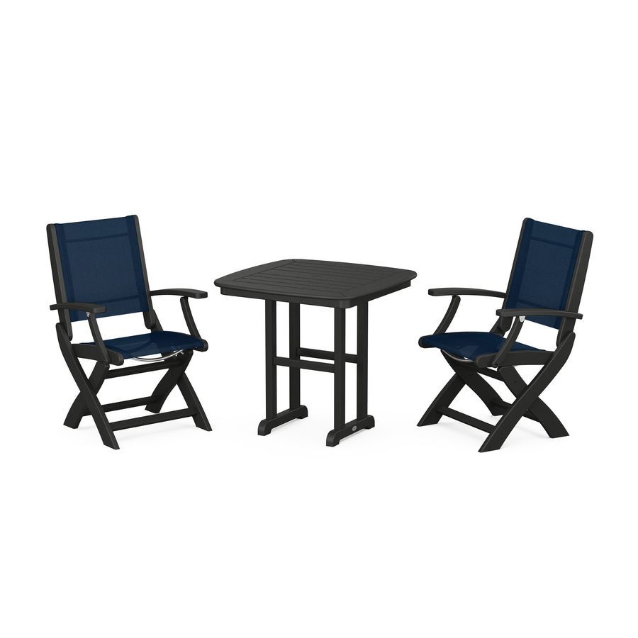 POLYWOOD Coastal Folding Chair 3-Piece Dining Set in Black / Navy Blue Sling
