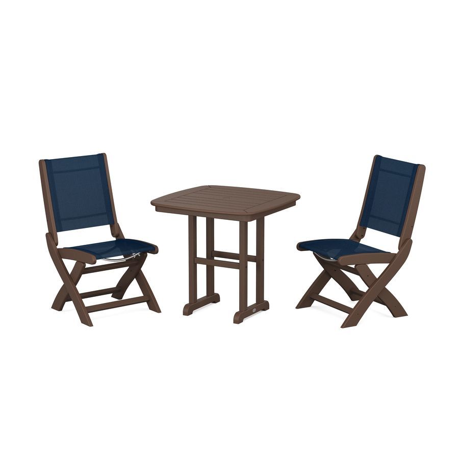 POLYWOOD Coastal Folding Side Chair 3-Piece Dining Set in Mahogany / Navy Blue Sling