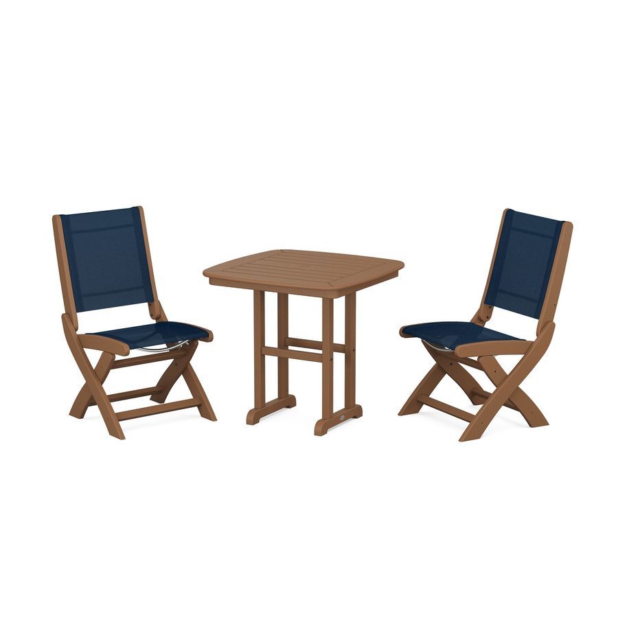 POLYWOOD Coastal Folding Side Chair 3-Piece Dining Set in Teak / Navy Blue Sling