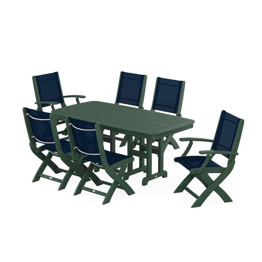 POLYWOOD Coastal Folding Chair 7-Piece Dining Set in Green / Navy Blue Sling