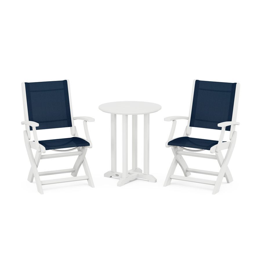 POLYWOOD Coastal Folding 3-Piece Round Dining Set in White / Navy Blue Sling