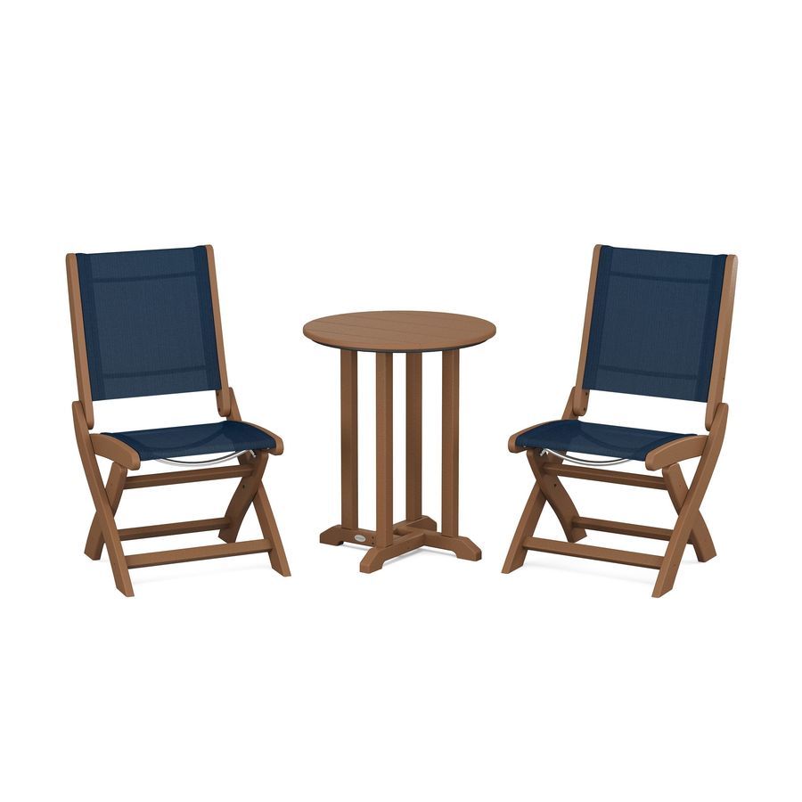 POLYWOOD Coastal Folding Side Chair 3-Piece Round Dining Set in Teak / Navy Blue Sling