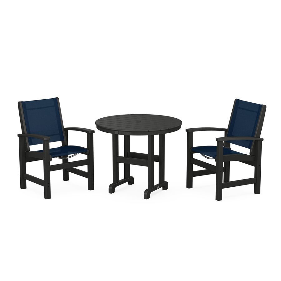 POLYWOOD Coastal 3-Piece Round Dining Set in Black / Navy Blue Sling