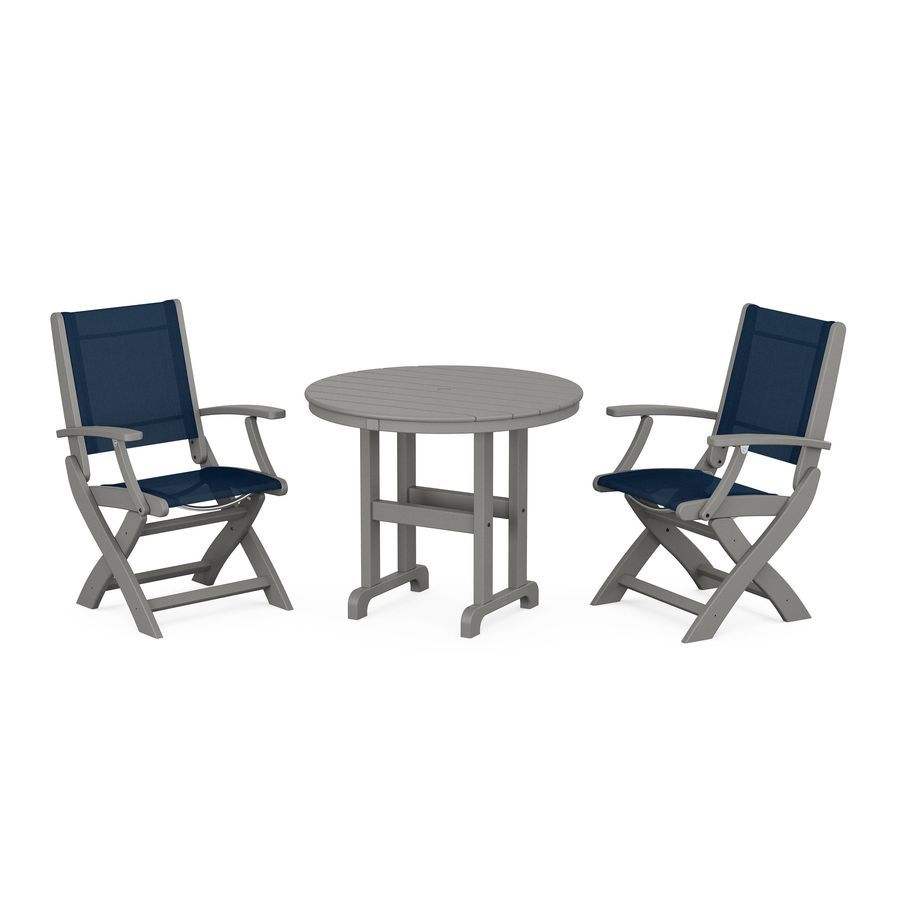 POLYWOOD Coastal Folding Chair 3-Piece Round Dining Set in Slate Grey / Navy Blue Sling