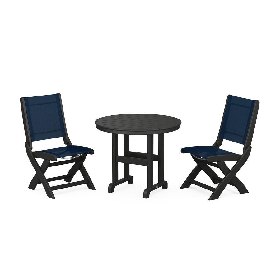 POLYWOOD Coastal Folding Side Chair 3-Piece Round Dining Set in Black / Navy Blue Sling