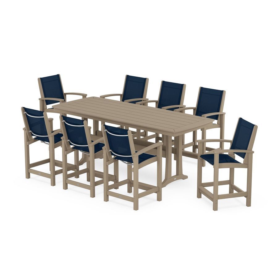 POLYWOOD Coastal 9-Piece Counter Set with Trestle Legs in Vintage Sahara / Navy Blue Sling