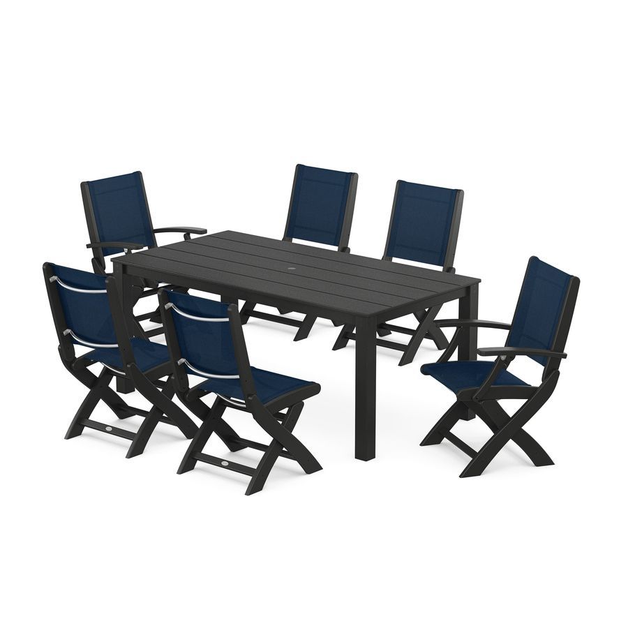 POLYWOOD Coastal Folding Chair 7-Piece Parsons Dining Set in Black / Navy Blue Sling
