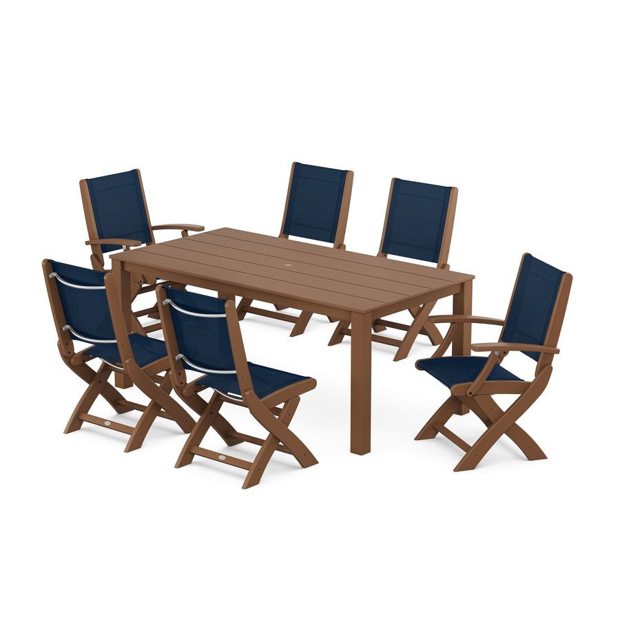 POLYWOOD Coastal Folding Chair 7-Piece Parsons Dining Set in Teak / Navy Blue Sling