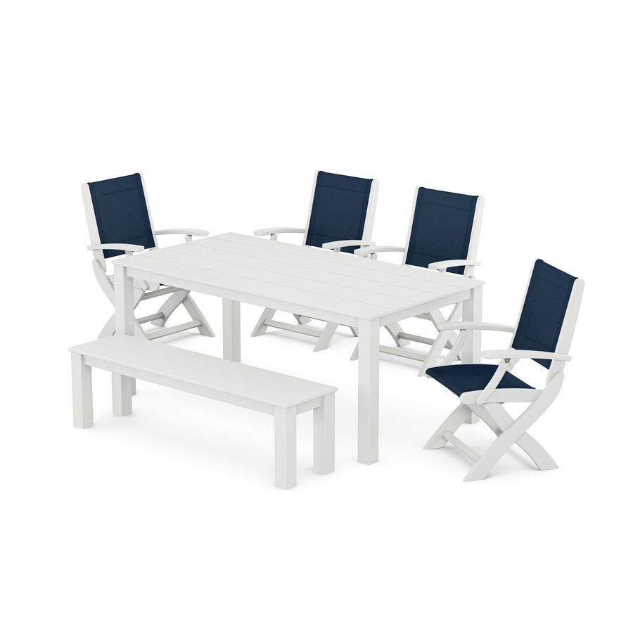 POLYWOOD Coastal Folding Chair 6- Piece Parsons Dining Set with Bench in White / Navy Blue Sling