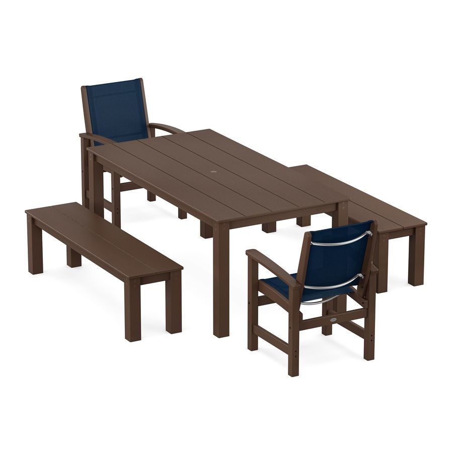 POLYWOOD Coastal 5-Piece Parsons Dining Set with Benches in Mahogany / Navy Blue Sling