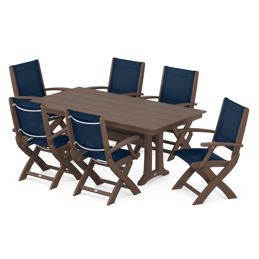 POLYWOOD Coastal Folding Arm Chair 7-Piece Farmhouse Dining Set with Trestle Legs in Mahogany / Navy Blue Sling