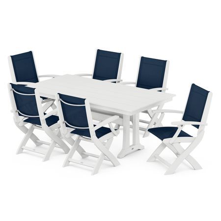 Coastal 7-Piece Folding Chair Dining Set in White / Navy Blue Sling