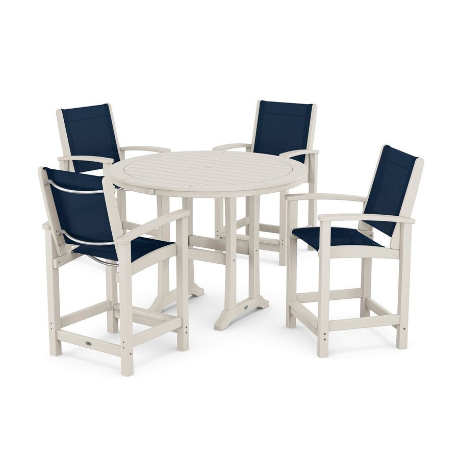POLYWOOD Coastal 5-Piece Counter Set in Sand / Navy Blue Sling