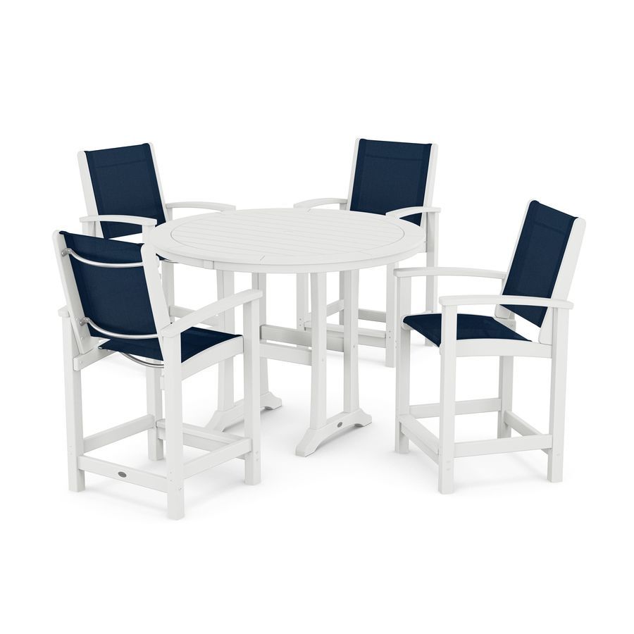 POLYWOOD Coastal 5-Piece Counter Set in White / Navy Blue Sling
