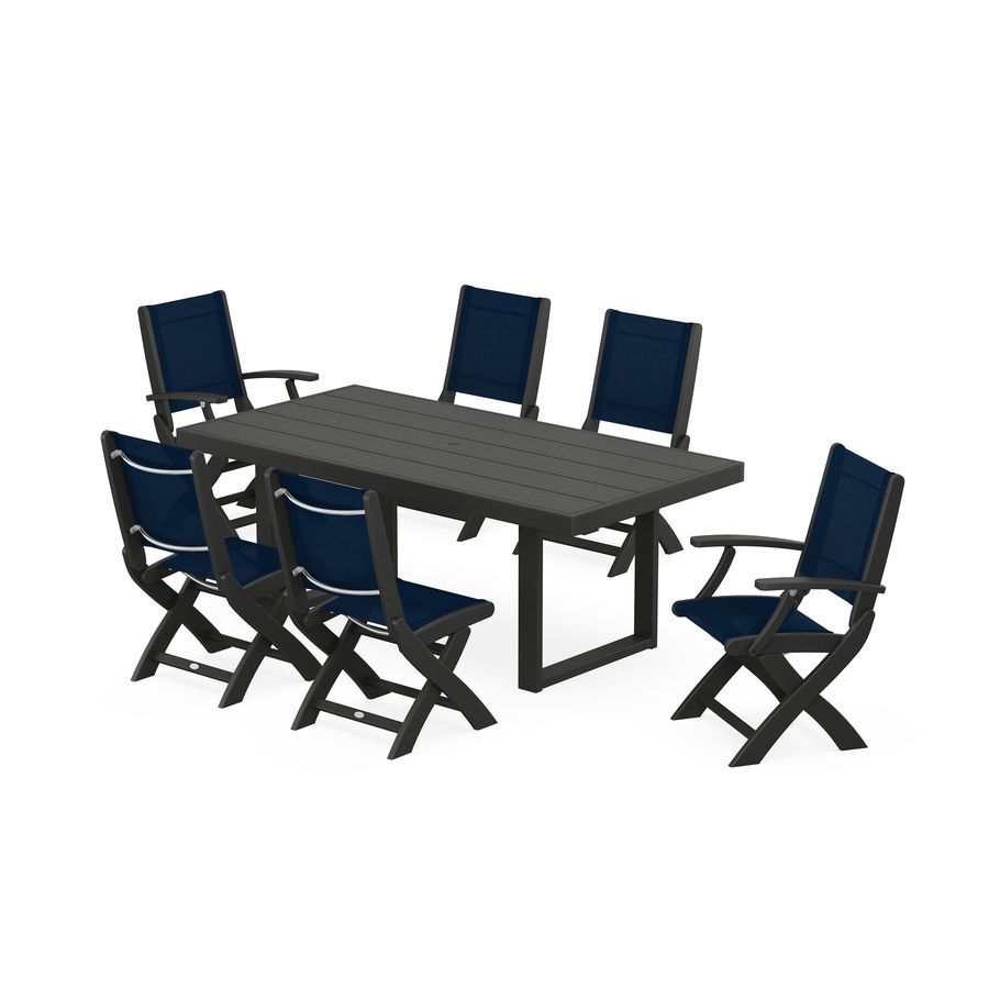 POLYWOOD Coastal Folding Chair 7-Piece Dining Set with Trestle Legs in Black / Navy Blue Sling
