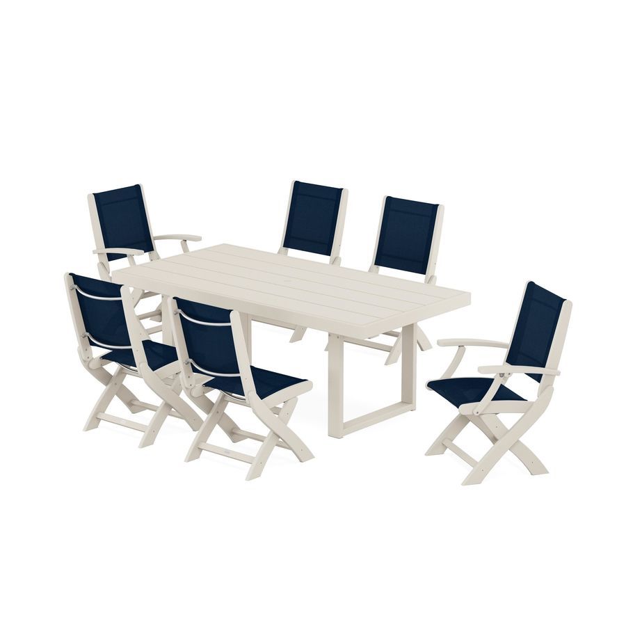 POLYWOOD Coastal Folding Chair 7-Piece Dining Set with Trestle Legs in Sand / Navy Blue Sling