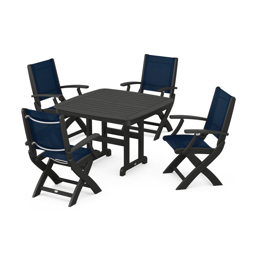 POLYWOOD Coastal 5-Piece Dining Set with Trestle Legs in Black / Navy Blue Sling