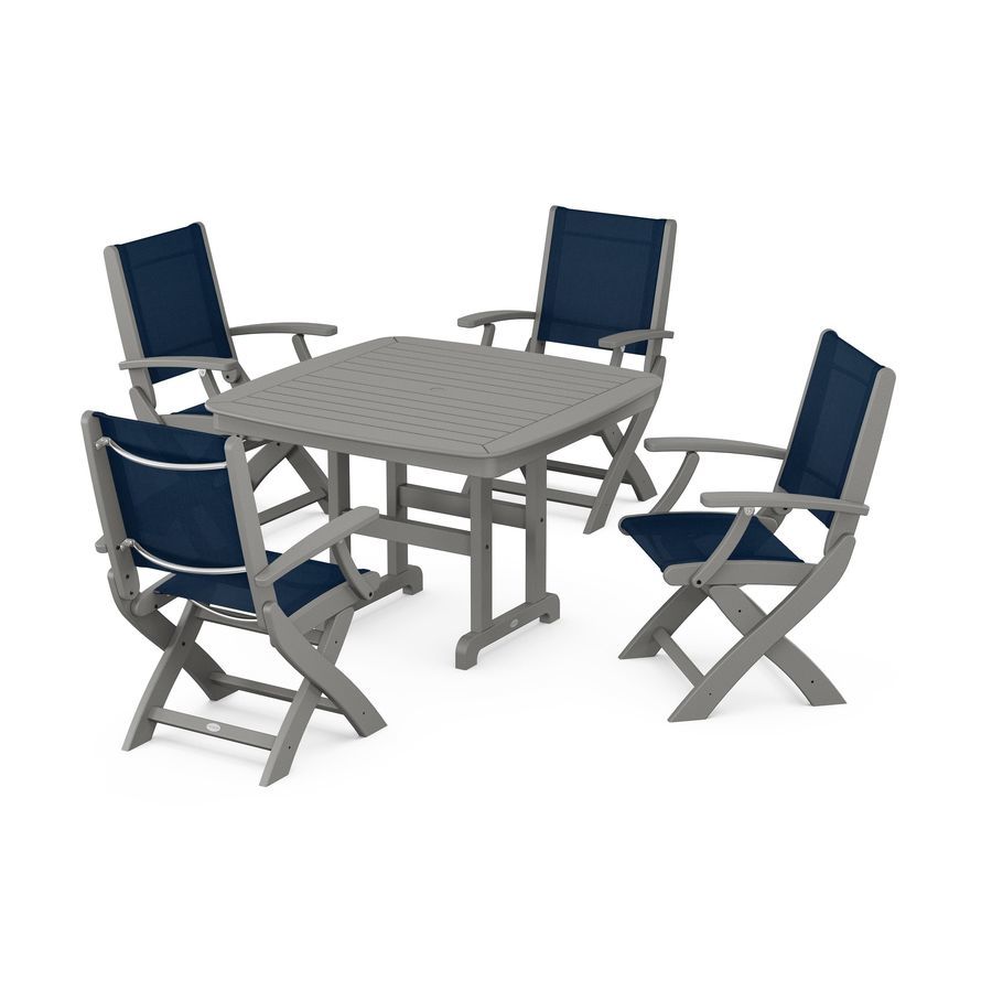 POLYWOOD Coastal 5-Piece Dining Set with Trestle Legs in Slate Grey / Navy Blue Sling