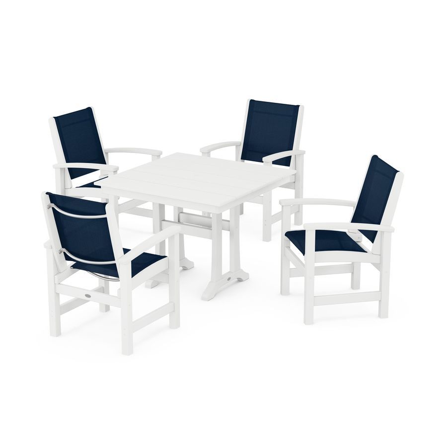 POLYWOOD Coastal 5-Piece Farmhouse Dining Set With Trestle Legs in White / Navy Blue Sling