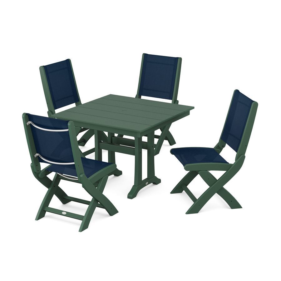 POLYWOOD Coastal Side Chair 5-Piece Farmhouse Dining Set With Trestle Legs in Green / Navy Blue Sling