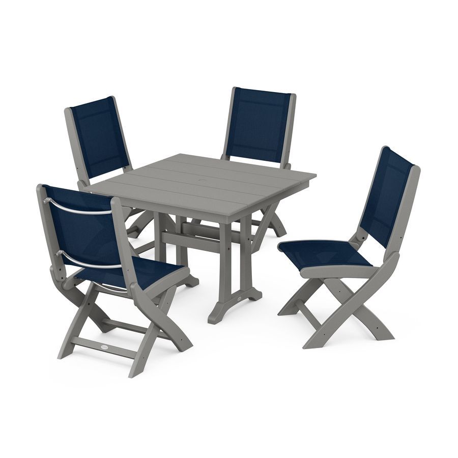 POLYWOOD Coastal Side Chair 5-Piece Farmhouse Dining Set With Trestle Legs in Slate Grey / Navy Blue Sling