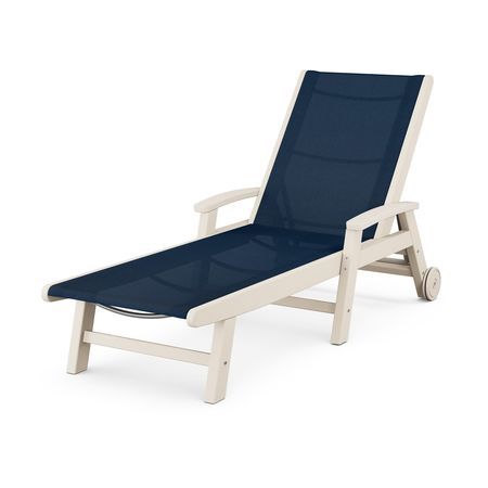 Coastal Chaise with Wheels in Sand / Navy Blue Sling