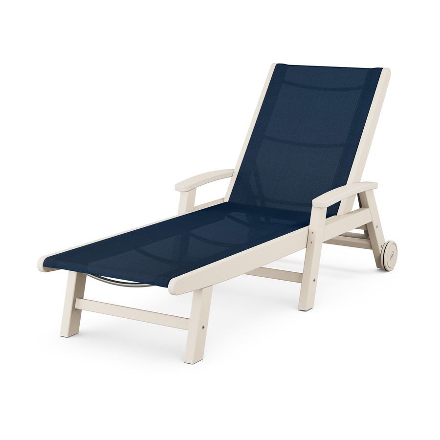 POLYWOOD Coastal Chaise with Wheels in Sand / Navy Blue Sling