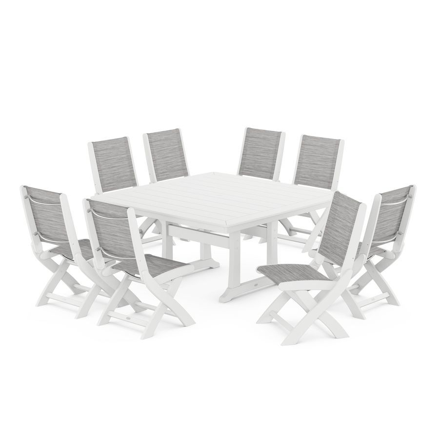 POLYWOOD Coastal Folding Side Chair 9-Piece Dining Set with Trestle Legs in White / Metallic Sling
