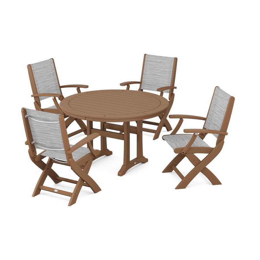 POLYWOOD Coastal Folding Chair 5-Piece Round Dining Set with Trestle Legs in Teak / Metallic Sling