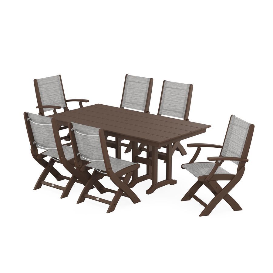 POLYWOOD Coastal Folding Chair 7-Piece Farmhouse Dining Set in Mahogany / Metallic Sling