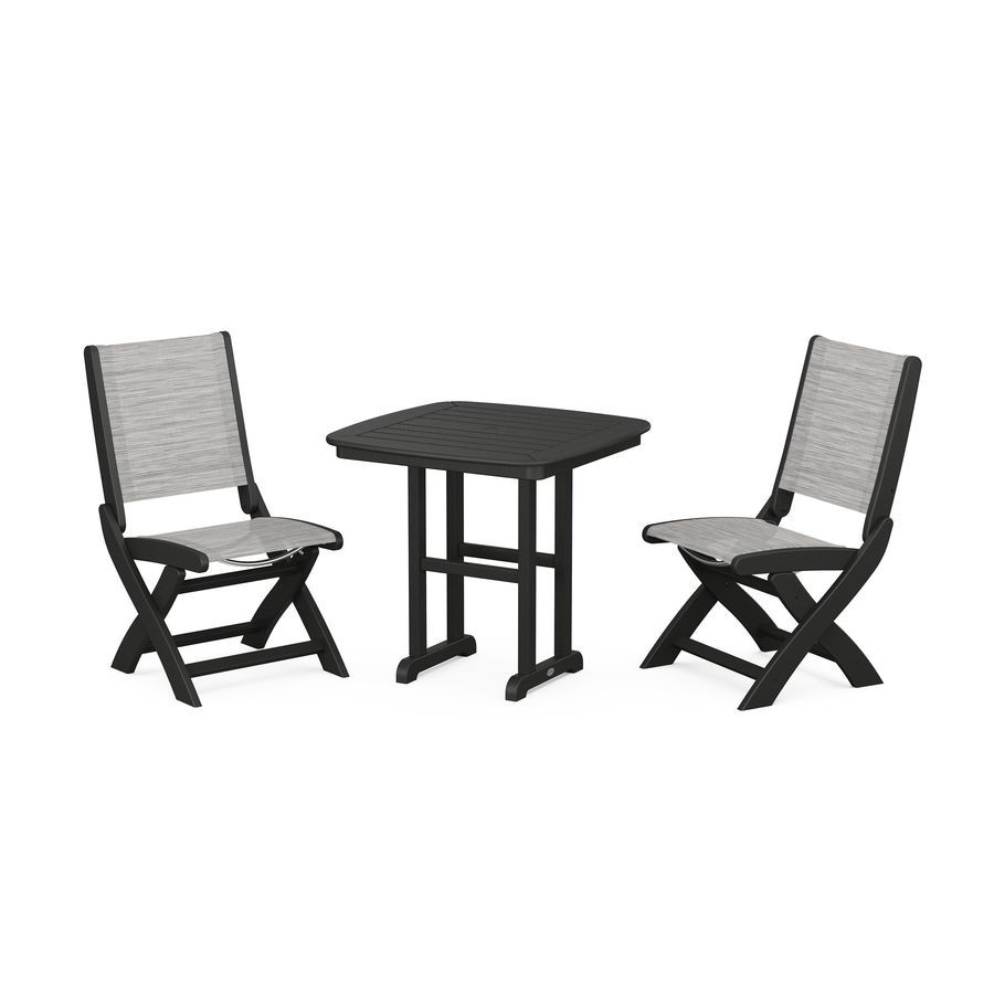 POLYWOOD Coastal Folding Side Chair 3-Piece Dining Set in Black / Metallic Sling