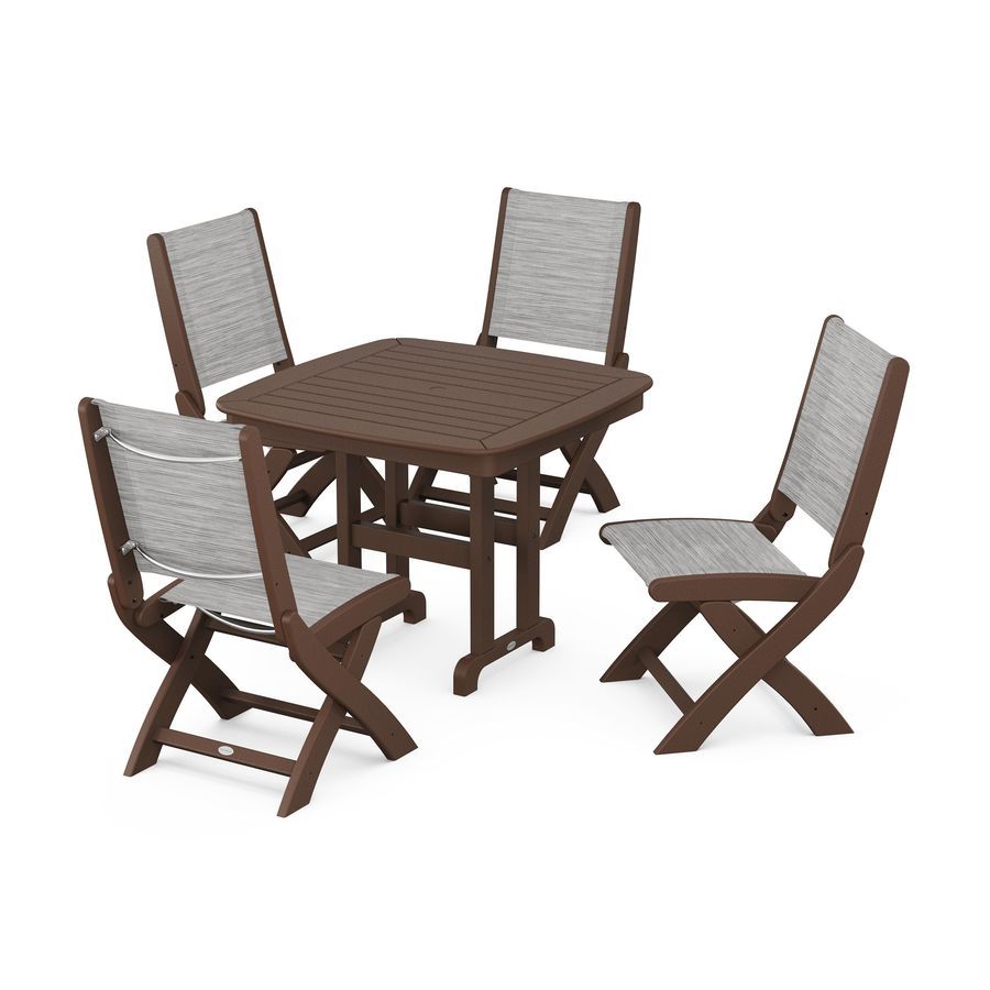 POLYWOOD Coastal Folding Side Chair 5-Piece Dining Set in Mahogany / Metallic Sling