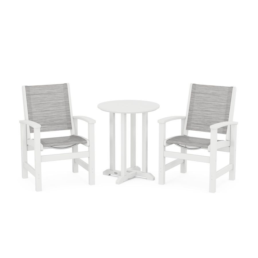 POLYWOOD Coastal 3-Piece Round Dining Set in White / Metallic Sling