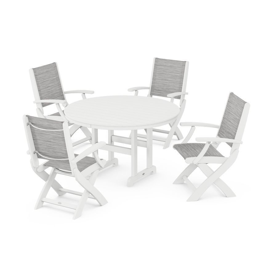 POLYWOOD Coastal Folding Chair 5-Piece Round Dining Set in White / Metallic Sling
