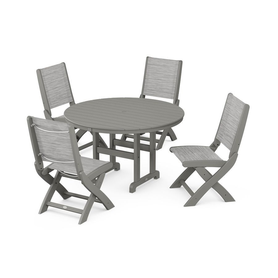 POLYWOOD Coastal Folding Side Chair 5-Piece Round Dining Set in Slate Grey / Metallic Sling