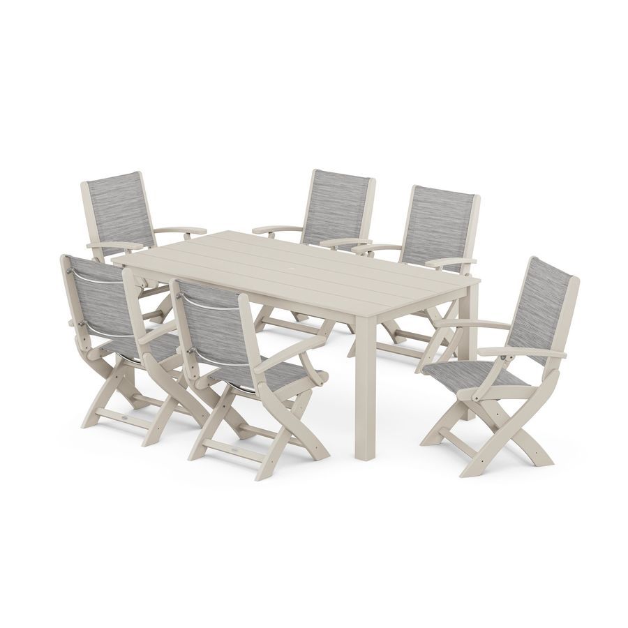 POLYWOOD Coastal Folding Chair 7-Piece Parsons Dining Set in Sand / Metallic Sling
