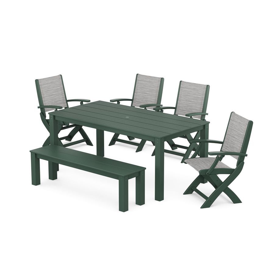 POLYWOOD Coastal Folding Chair 6- Piece Parsons Dining Set with Bench in Green / Metallic Sling