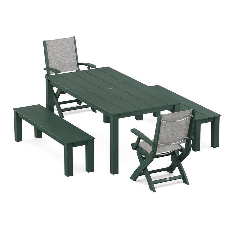POLYWOOD Coastal Folding Chair 5-Piece Parsons Dining Set with Benches in Green / Metallic Sling