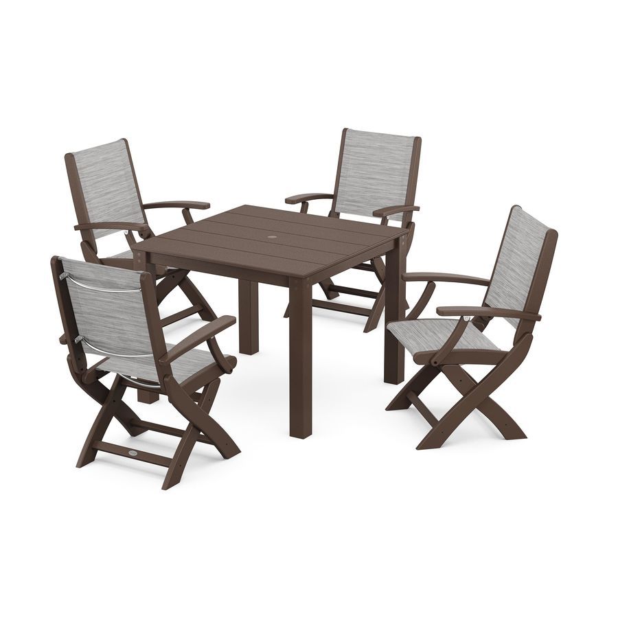 POLYWOOD Coastal Folding Chair 5-Piece Parsons Dining Set in Mahogany / Metallic Sling