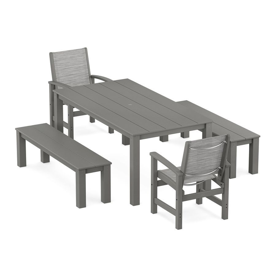 POLYWOOD Coastal 5-Piece Parsons Dining Set with Benches in Slate Grey / Metallic Sling
