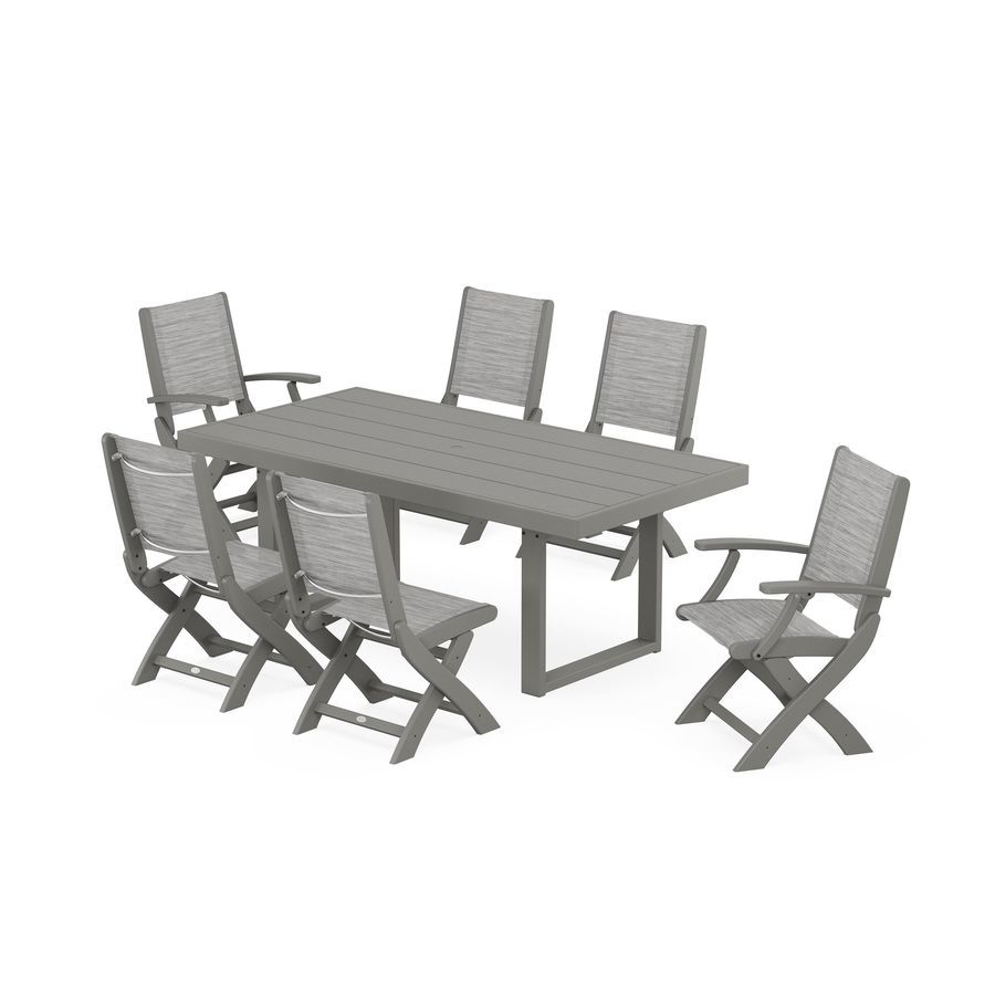 POLYWOOD Coastal Folding Chair 7-Piece Dining Set with Trestle Legs in Slate Grey / Metallic Sling