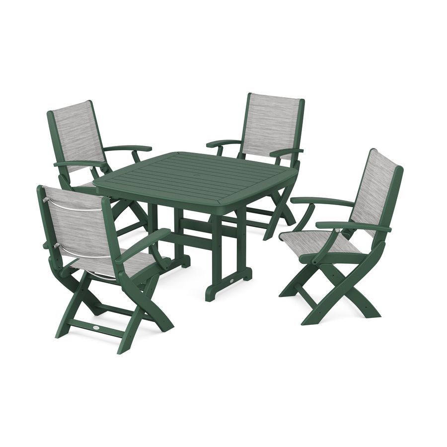 POLYWOOD Coastal 5-Piece Dining Set with Trestle Legs in Green / Metallic Sling