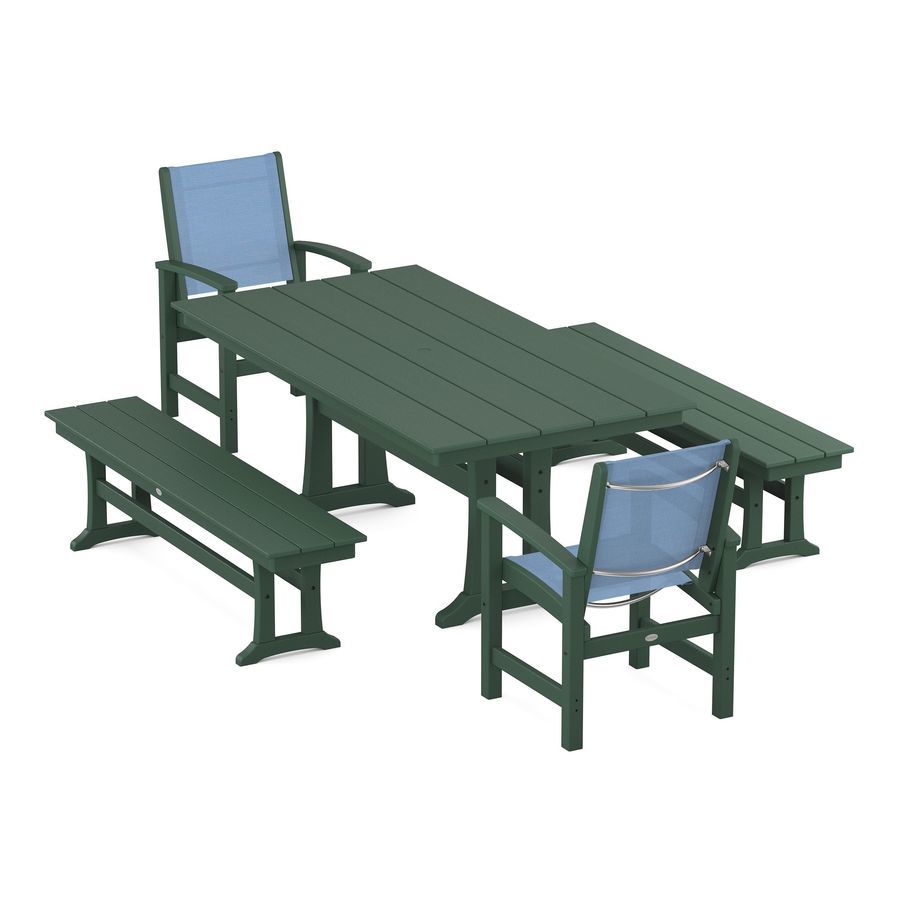 POLYWOOD Coastal 5-Piece Farmhouse Dining Set With Trestle Legs in Green / Poolside Sling