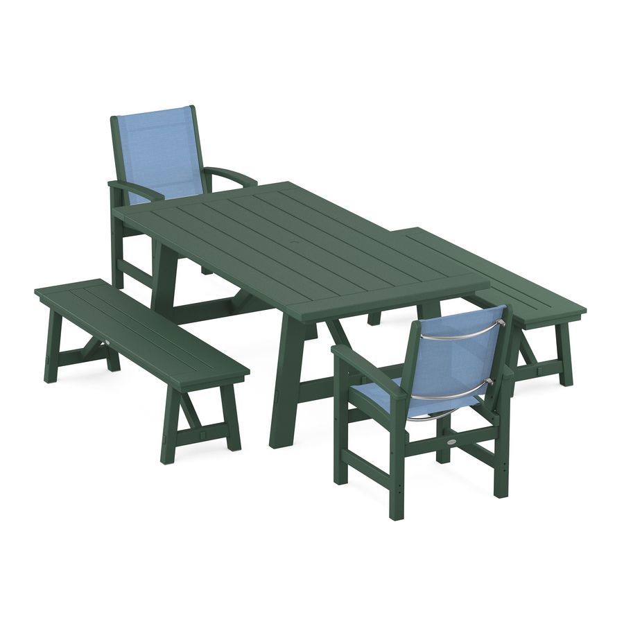 POLYWOOD Coastal 5-Piece Rustic Farmhouse Dining Set With Trestle Legs in Green / Poolside Sling