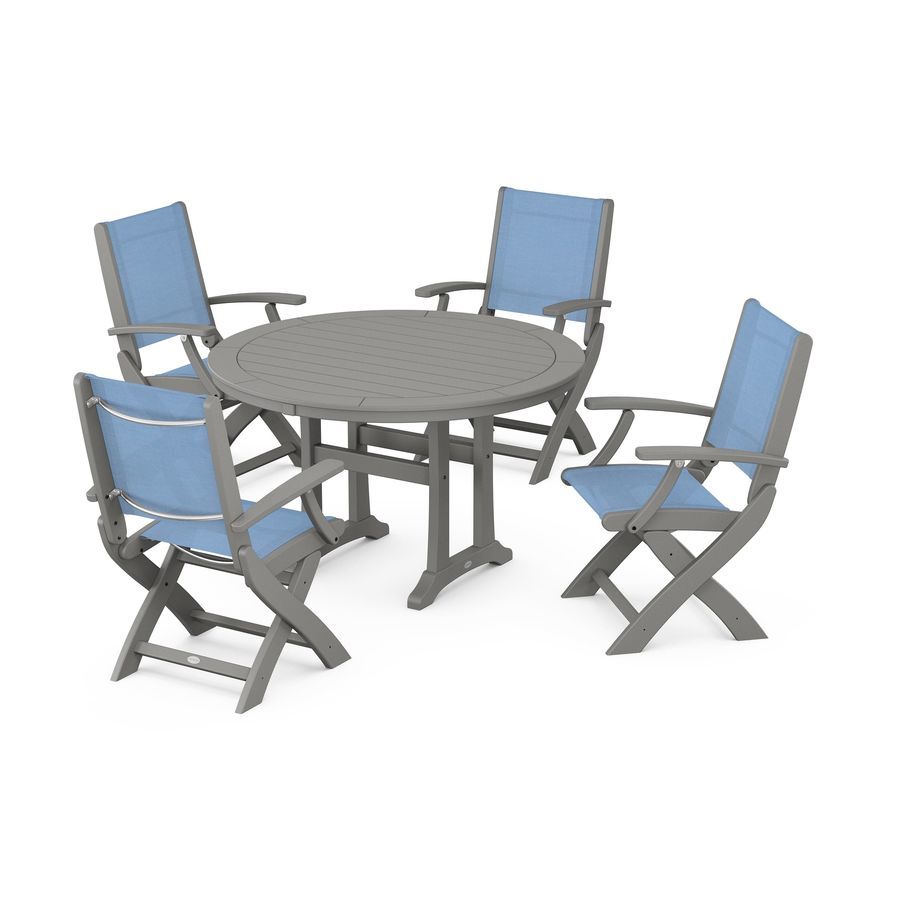 POLYWOOD Coastal Folding Chair 5-Piece Round Dining Set with Trestle Legs in Slate Grey / Poolside Sling