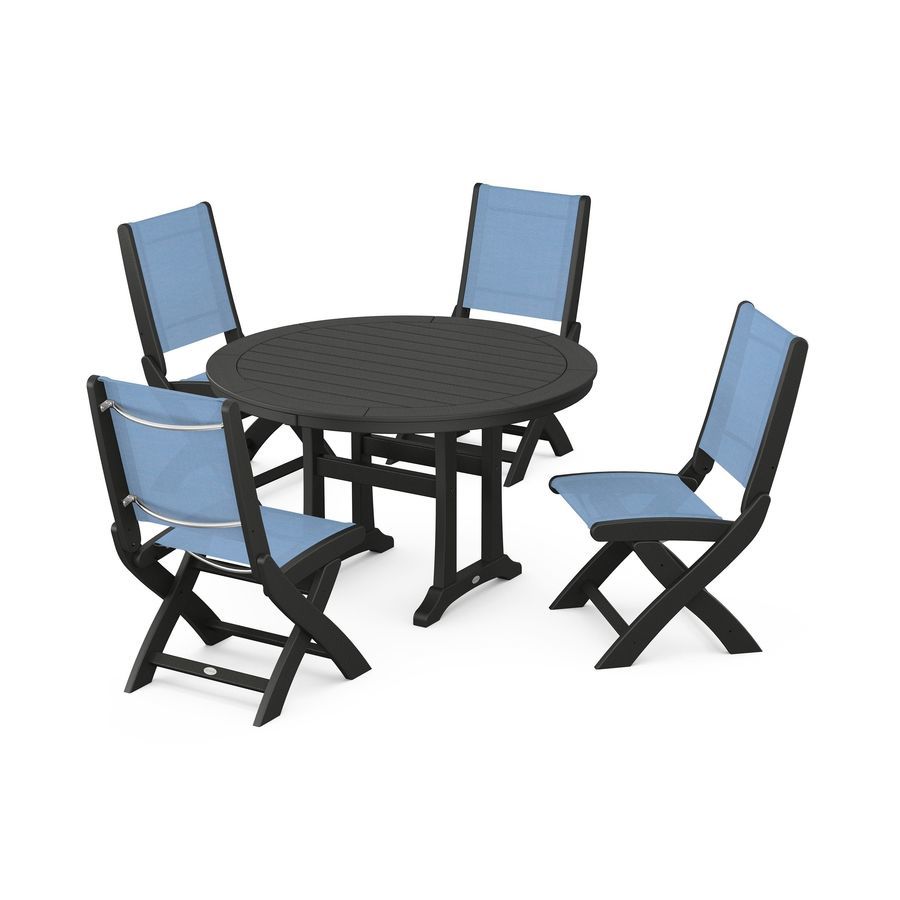 POLYWOOD Coastal Folding Side Chair 5-Piece Round Dining Set With Trestle Legs in Black / Poolside Sling