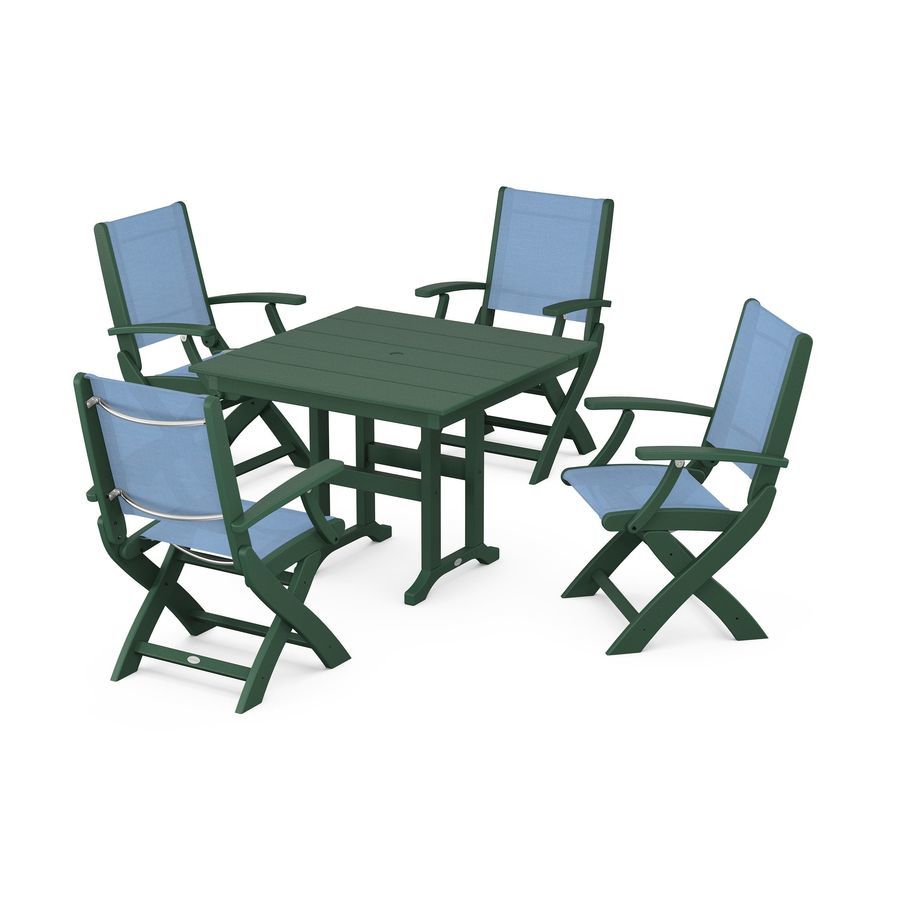 POLYWOOD Coastal Folding Chair 5-Piece Farmhouse Dining Set in Green / Poolside Sling