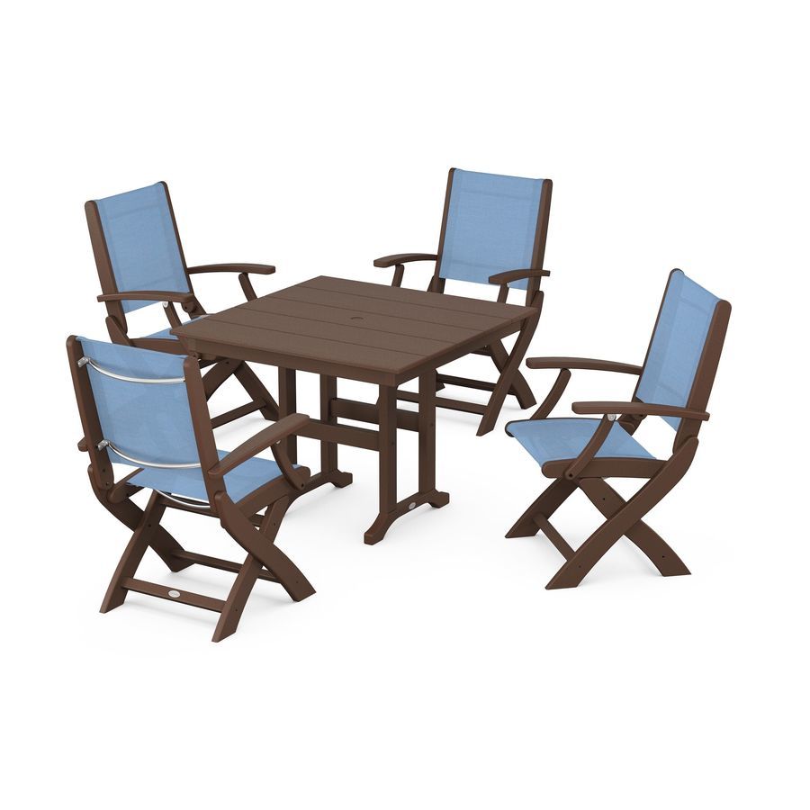 POLYWOOD Coastal Folding Chair 5-Piece Farmhouse Dining Set in Mahogany / Poolside Sling