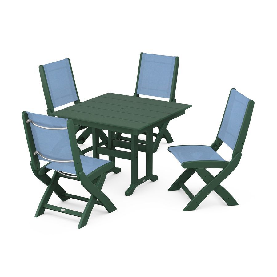 POLYWOOD Coastal Folding Side Chair 5-Piece Farmhouse Dining Set in Green / Poolside Sling